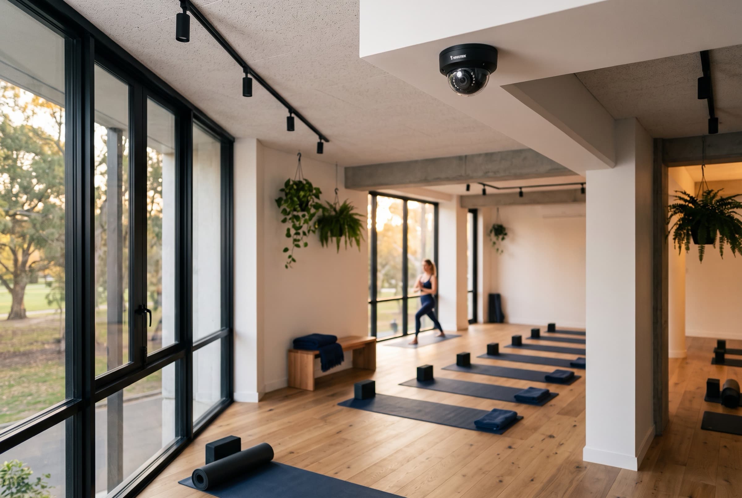 Sleek boutique fitness studio interior with a discreet ceiling dome camera