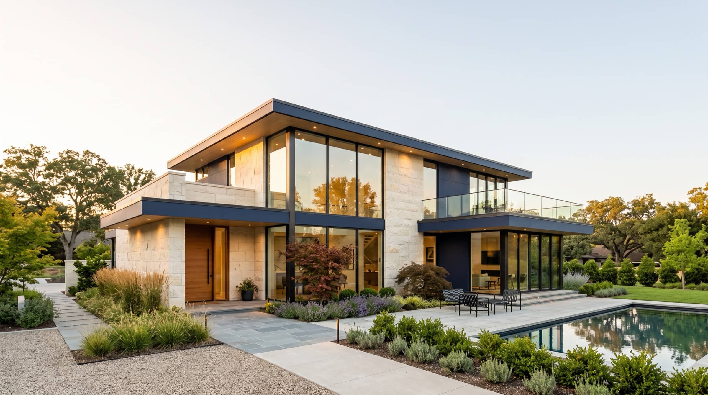 Bright, airy modern Baltimore luxury home protected at golden hour